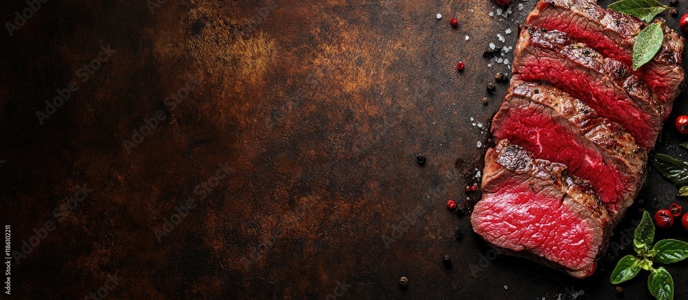 Poster freshly sliced beef steak backdrop. with copy space image. place for adding text or design