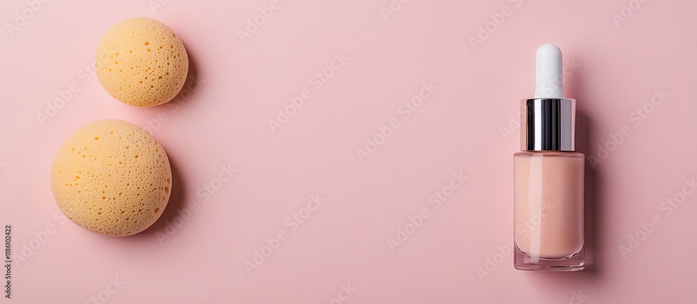 Aufkleber Sponges an elegant tool for applying foundation or powder along with a bottle of foundation Arranged in a flat lay on a pink background with copy space