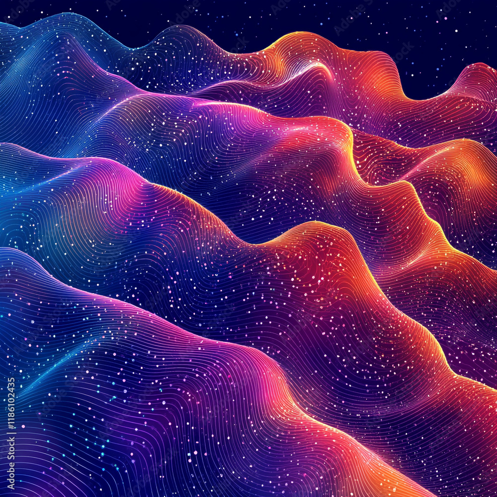 Poster colorful wave patterns create a mesmerizing display of light in digital art