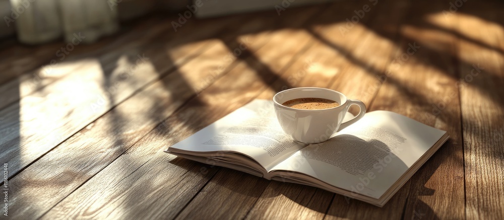 Poster Empty magazine and a cup of coffee on a wooden surface. with copy space image. Place for adding text or design