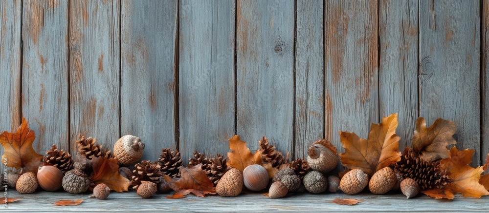 Poster autumn scene featuring a weathered barn wood backdrop adorned with acorns and cones as fall decorati