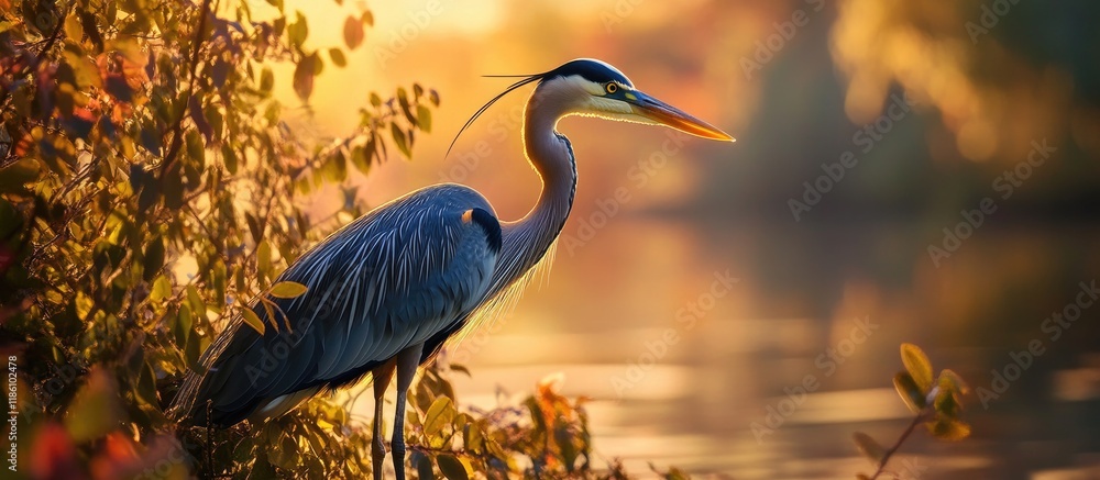 Poster portrait of a blue heron among the foliage at sunset. with copy space image. place for adding text o