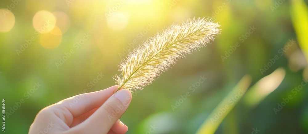 Leinwandbilder Close up of pollen from a beautiful individual grass flower held in hand under sunlight with selective focus. with copy space image. Place for adding text or design