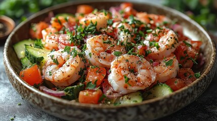 Fresh shrimp salad with vegetables and herbs.