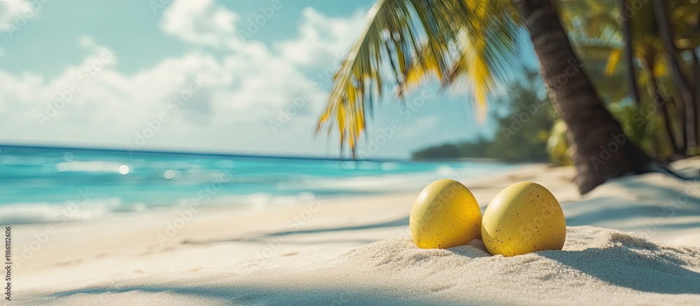 Poster easter set against a tropical beach backdrop eggs on the white sand theme of vacation and travel. wi