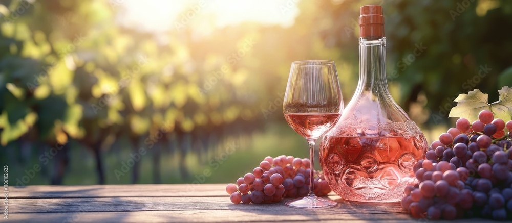 Aufkleber Rose wine in a decanter alongside glasses and grapes Set outdoors in the vineyard With space for your text. with copy space image. Place for adding text or design
