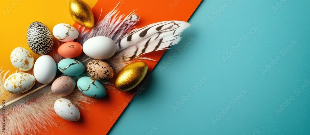 Aufkleber quail eggs in various colors alongside white gold and silver candies are placed on a large feather s