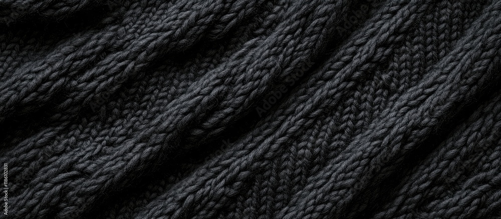 Poster Black knitted wool texture background pattern in a vertical layout Selective focus Top view Copy space