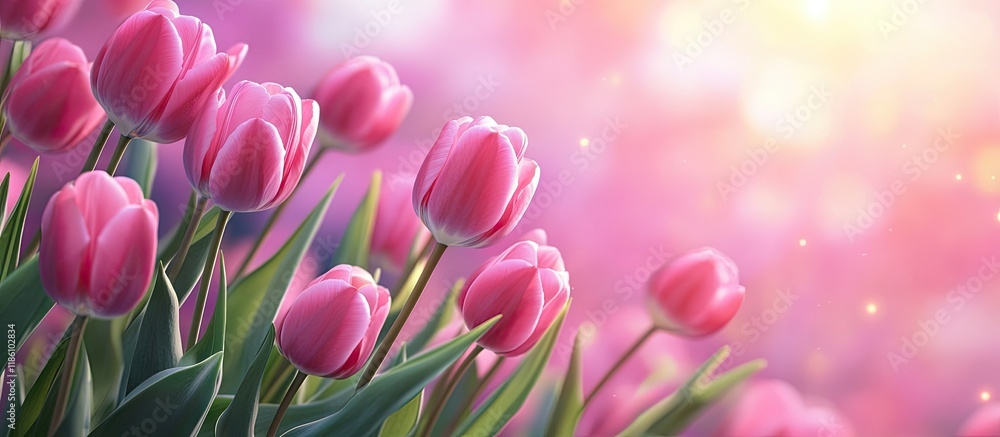 Poster background featuring spring flowers with space for text pink tulips in the backdrop. with copy space