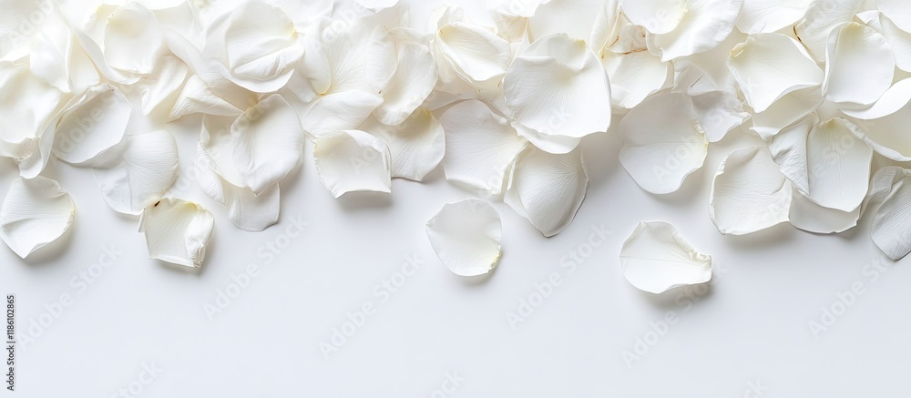 Poster white floral arrangement featuring white rose petals set against a white background. with copy space