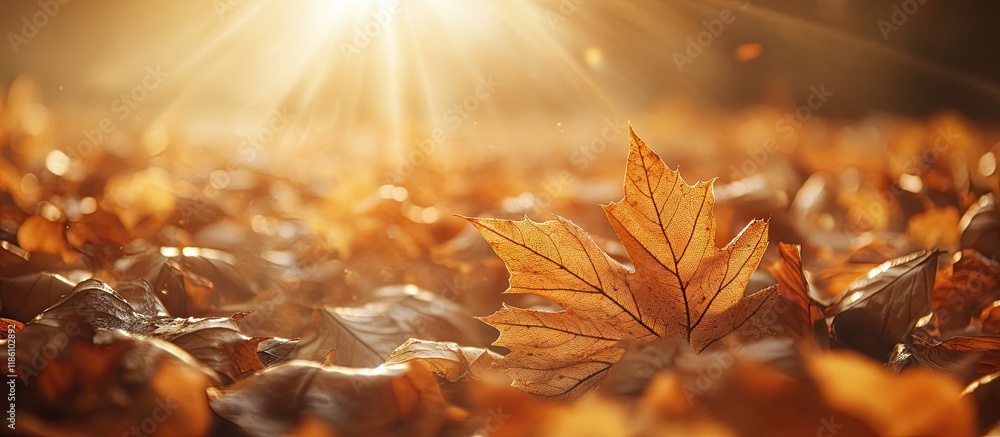 Poster Close up photography of golden autumn leaves in sunlight. with copy space image. Place for adding text or design