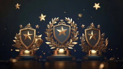 Gold award trophy emblem with laurel wreath. Realistic 3d vector illustration set of golden winner medal and prize frame with plant leaves on branch, star and crown, shield on podium and ribbon.