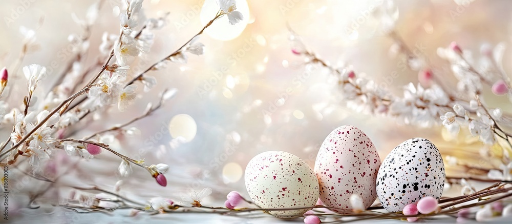 Leinwandbilder easter greeting card featuring easter eggs flowers and willow twigs. with copy space image. place fo