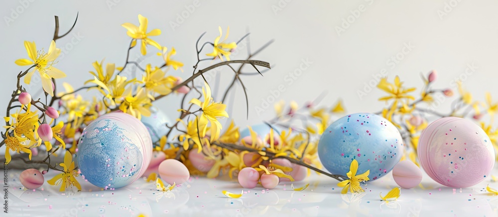 Leinwandbilder Blue and pink Easter eggs are set against a white background with a Forsythia branch close by. with copy space image. Place for adding text or design