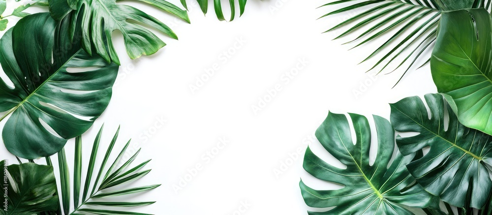 Fototapete exotic nature jungle arrangement isolated green palm and monstera leaves on a white background bio c