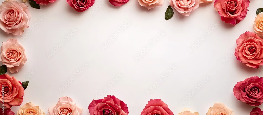 Aufkleber composition of flowers a frame created from rose flowers on a white background flat lay top view cop