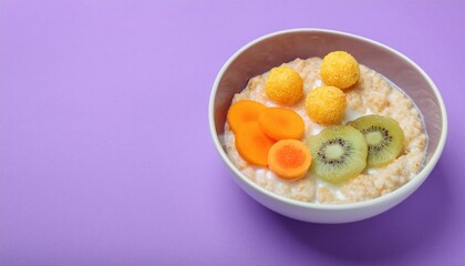 Tasty breakfast with oatmeal, corn balls and fruits on pastel background 