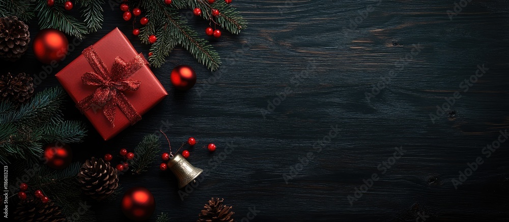 Poster christmas background concept a top view of a christmas gift box surrounded by red balls spruce branc