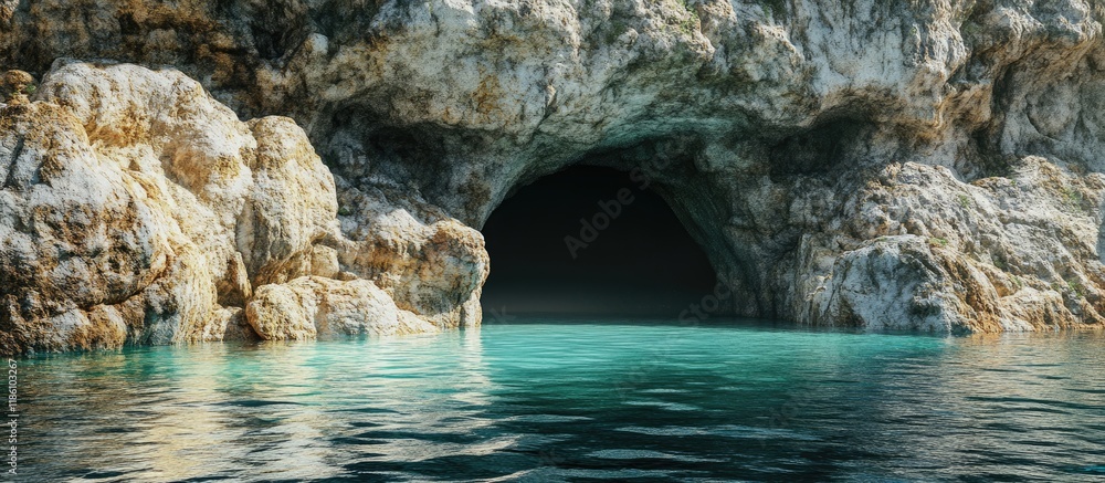 Poster The entrance to a cave is located on the side of a cliff with a pool of water situated in front of the opening The cliff consists of limestone. with copy space image. Place for adding text or design