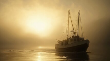 Fototapeta premium Early morning fishing boat leaving the harbor, surrounded by mist and the first light of dawn.
