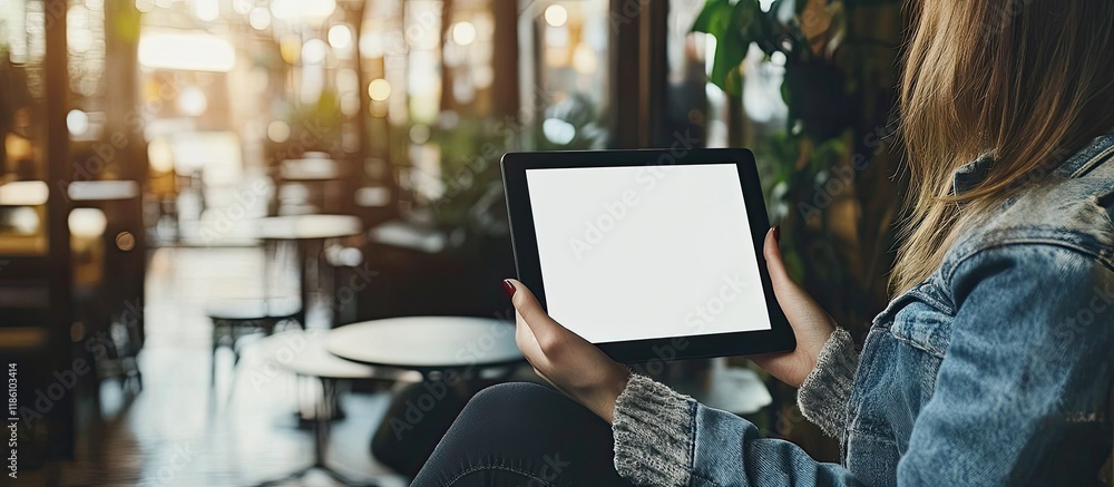 Poster Mockup image of a woman sitting in a cafe holding a black tablet PC with a blank white screen. with copy space image. Place for adding text or design