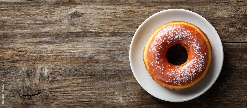Aufkleber espresso alongside a glazed donut on a wooden table viewed from above featuring copy space
