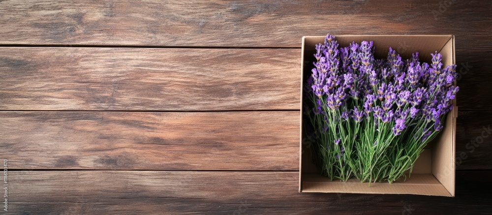Aufkleber Lavender blooms in a box on a wooden surface. with copy space image. Place for adding text or design