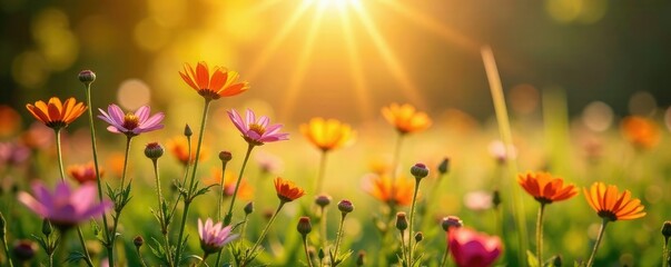 Wild meadowseet flowers swaying under warm sunlight, sun, petals