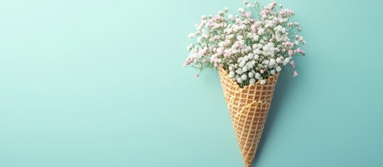 Obraz premium Waffle cone adorned with lovely gypsophila flowers on a colored background Summer theme Copy space top view