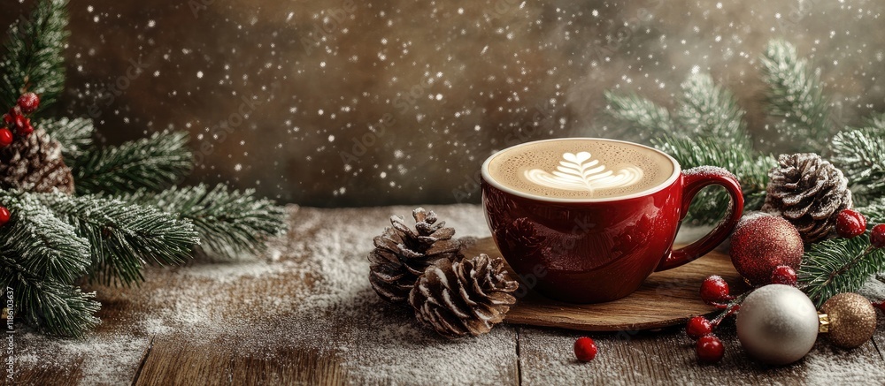 Poster Cup of coffee with Christmas decor on a wooden table against a grunge background. with copy space image. Place for adding text or design