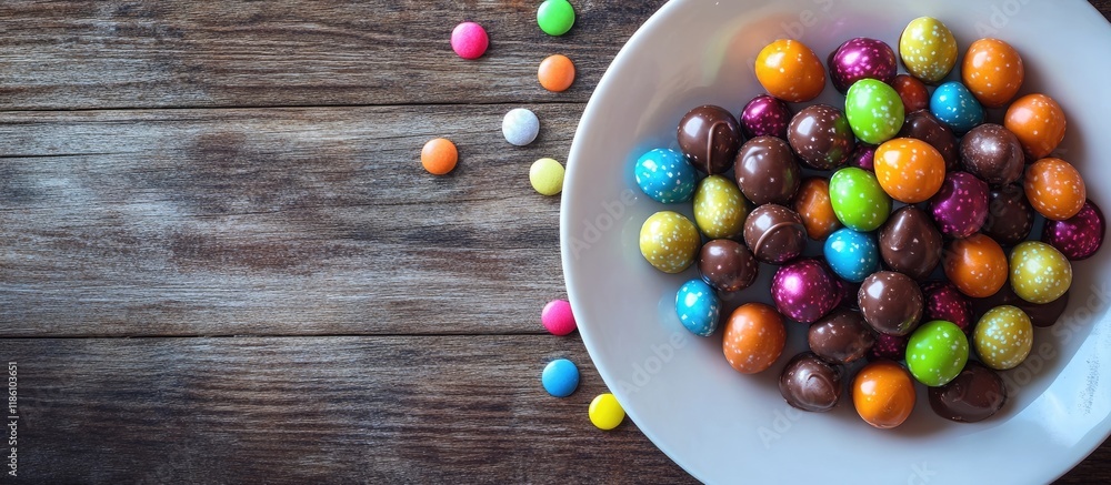 Poster colorful chocolate candies on a white plate with sweet colored pebbles scattered across a wooden bac