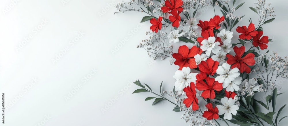 Leinwandbilder Bouquet of red and white spring blooms on a white background top view. with copy space image. Place for adding text or design