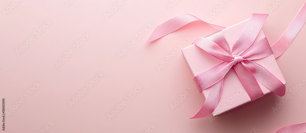 Poster Gift box with a pink ribbon on a soft pink background Valentine s Day composition Flat lay top view Banner. with copy space image. Place for adding text or design