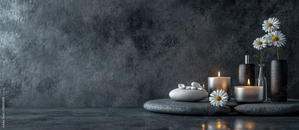 Poster spa decor featuring candles daisies and spa stones. with copy space image. place for adding text or 