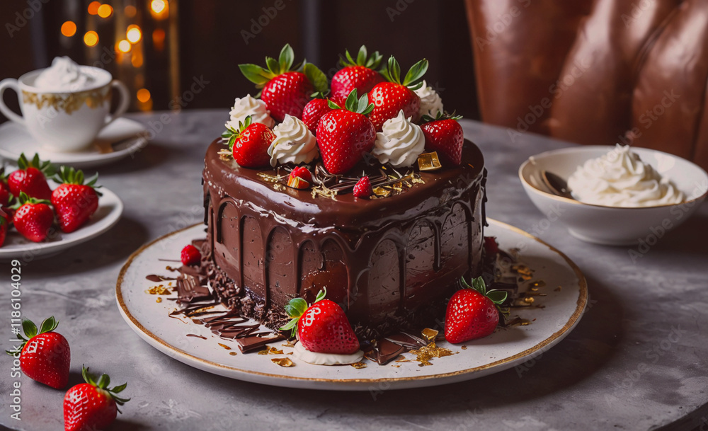 Poster chocolate cake with strawberries on top is sitting on a white plate. there are also strawberries on 