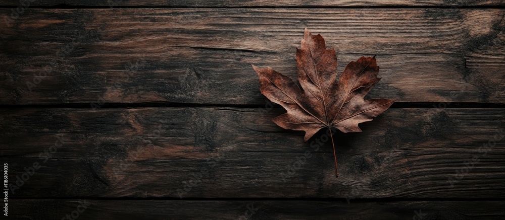 Poster dark brown autumn leaf on a deep rustic wooden backdrop minimalism. with copy space image. place for