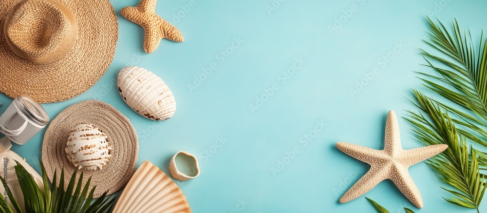 Poster Flat lay of beach accessories and a summer background from a top view. with copy space image. Place for adding text or design
