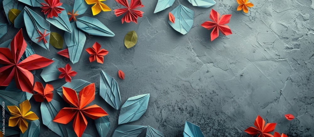 Poster vibrant origami flowers accompanied by leaves on a grey backdrop. with copy space image. place for a