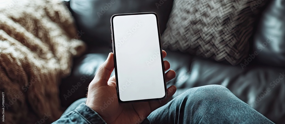 Aufkleber Mockup image features a blank white screen on a cell phone held by a man s hand texting while sitting on a sofa at home The background offers empty space for advertising text relevant to people in 