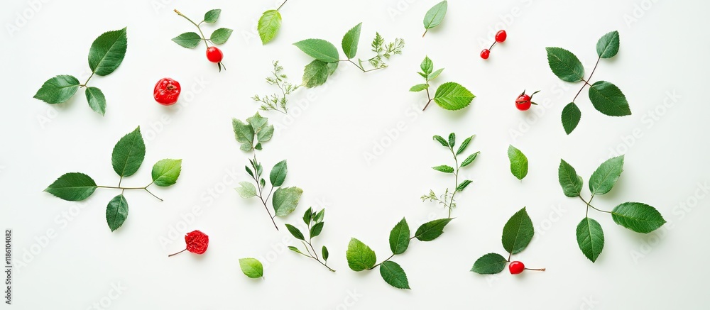 Fototapete Forest flat lay featuring a circular arrangement of natural elements Rose hip and leaves are arranged like a clock on a white background. with copy space image. Place for adding text or design