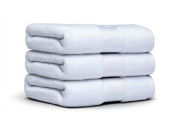A photostock of perfectly folded white towels stacked symmetrically, isolated on a clean white background, clean and soft, High Quality