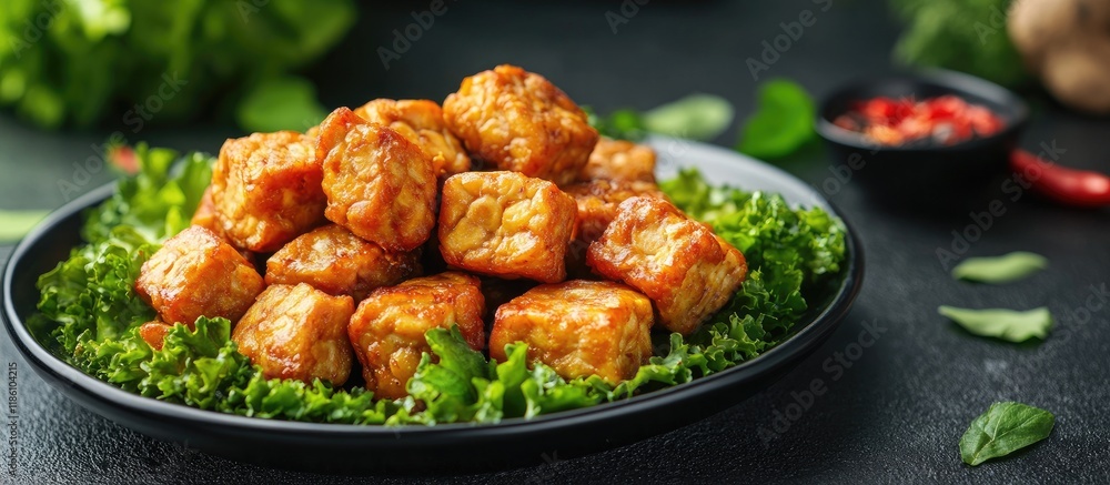 Fototapete View of tempeh mendoan a tasty Indonesian dish on a plate ready for consumption. with copy space image. Place for adding text or design