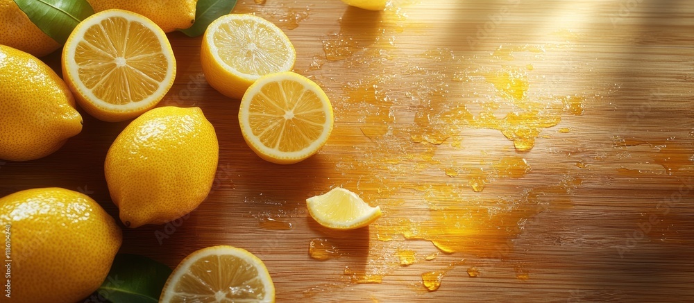 Poster wood table featuring freshly squeezed lemon juice and lemon slices. with copy space image. place for