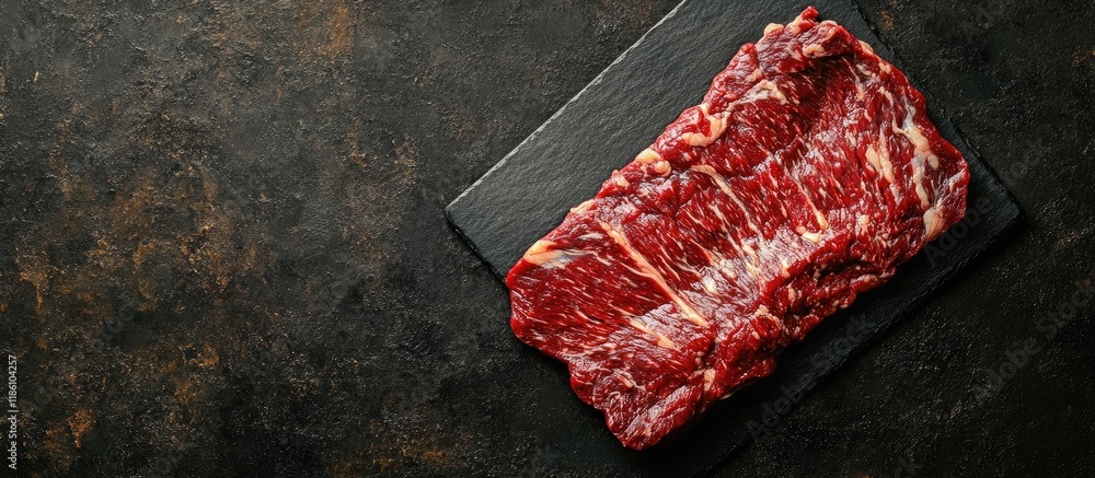 Poster raw dry aged wagyu flank steak viewed from above on a cutting board. with copy space image. place fo