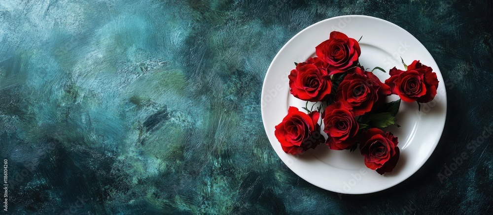Poster Valentine s Day festive table setting featuring red roses A romantic dining idea for Valentine s An invitation for a date Top view flat lay. with copy space image. Place for adding text or design