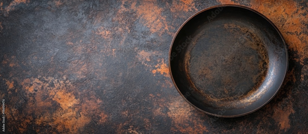 Poster dark rust colored culinary backdrop featuring an empty black pan top view copy space