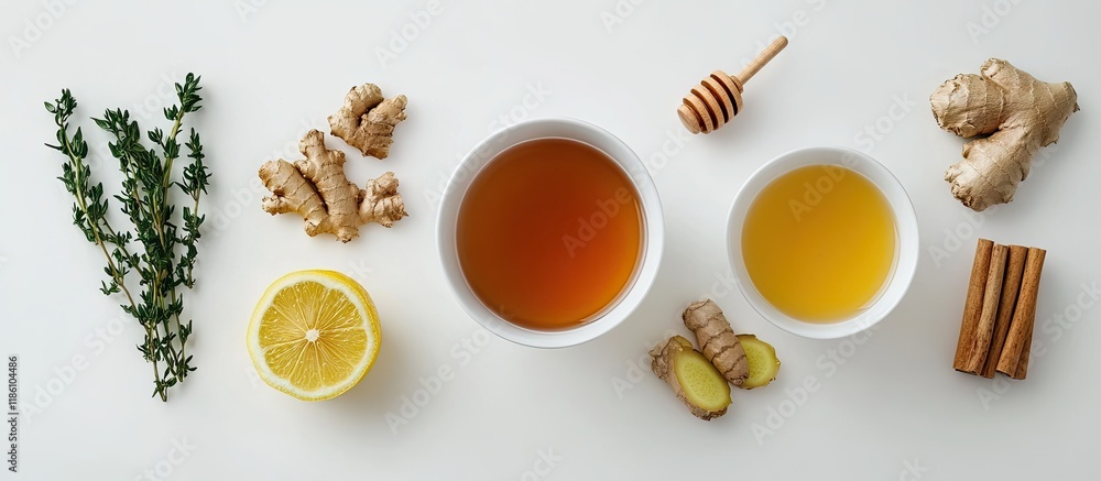 Aufkleber cup of tea with ginger honey and lemon on a white background. with copy space image. place for addin