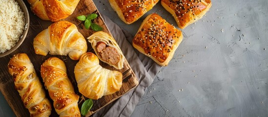 Sausage rolls and Pigs in Blankets made with puff pastry on a wooden board Gray backdrop Top view. with copy space image. Place for adding text or design