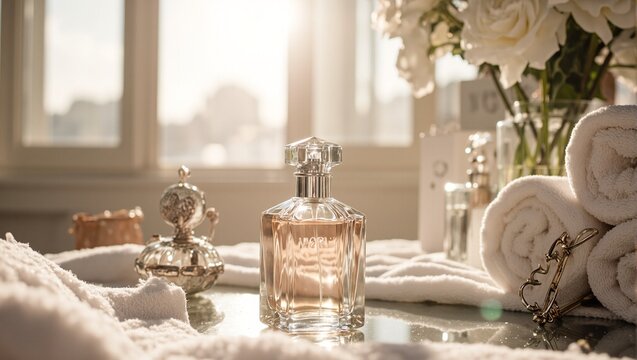 Elegant perfume bottle on mirrored vanity with soft lighting and plush towels Sunlight highlights curves