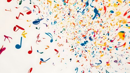 Colorful Musical Notes Exploding Across White Background